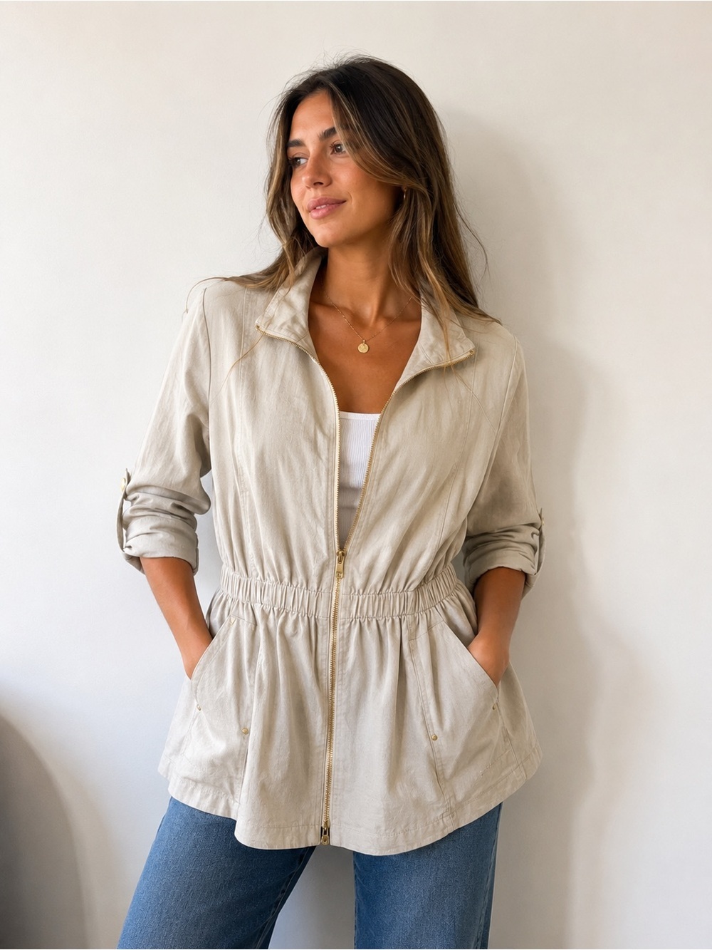Ellen Tracy Linen Blend Zip Front Utility Jacket | Neutral Beige Gathered Waist
